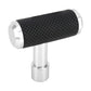 Silver T-shaped gear shift knob with black perforated grip and silver metal base