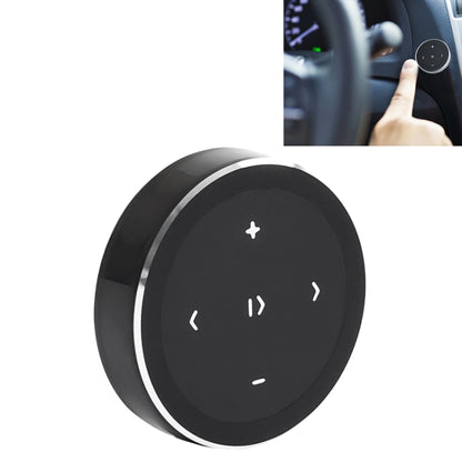 Black circular Bluetooth media remote with plus, minus, and navigation buttons