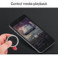 Black circular Bluetooth remote controller held in hand for media playback control