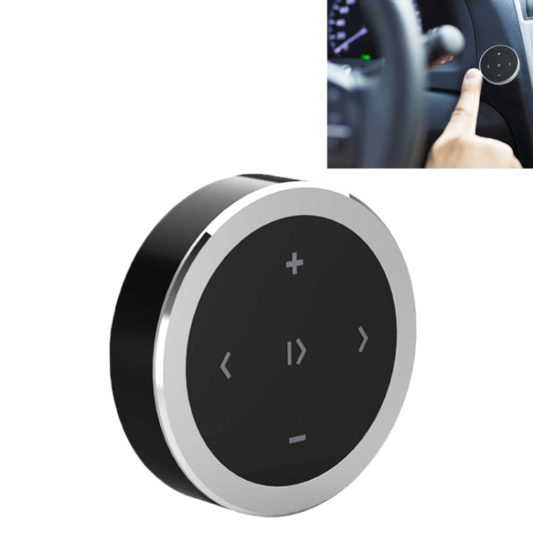 Silver-ring circular Bluetooth media remote controller with plus and navigation buttons