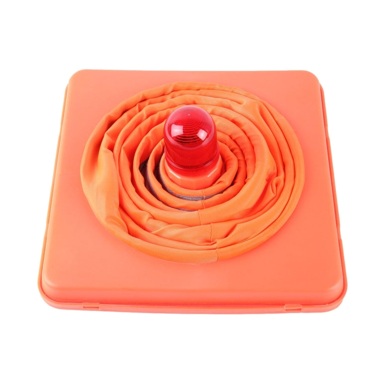 Retractable LED warning cone folded into a spiral inside an orange case