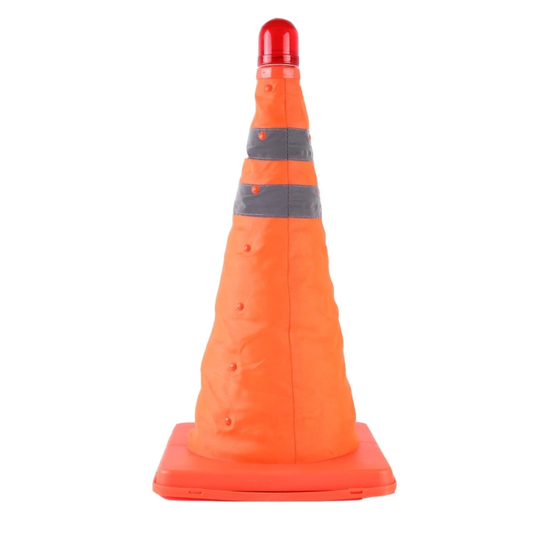 Retractable LED warning cone standing upright with red beacon and reflective stripes