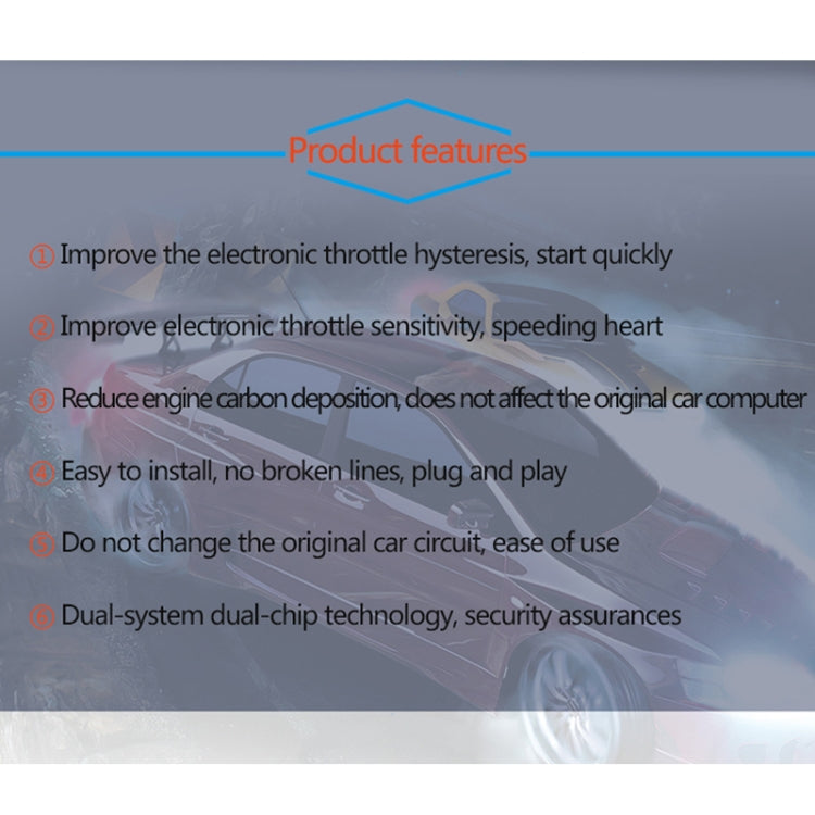 Throttle controller product features list on screen with installation, wiring, dual-chip tech