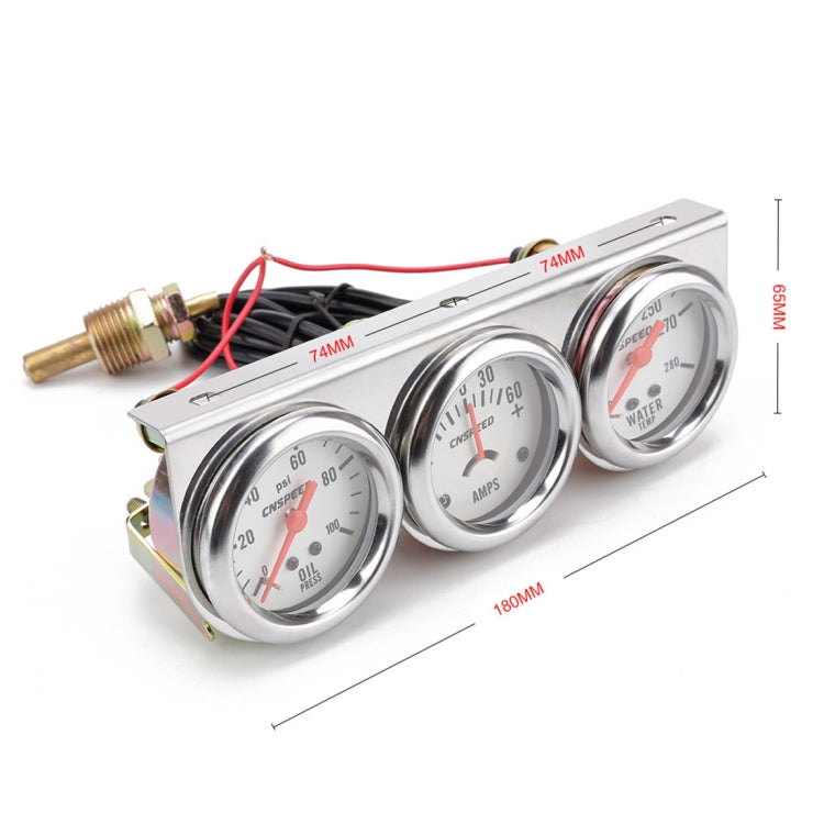 Triple car gauge set with chrome bezels for oil pressure, amps, and water temperature