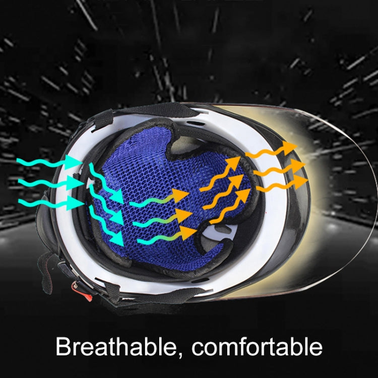 Blue honeycomb mesh helmet pad insert in a motorcycle helmet with airflow lines