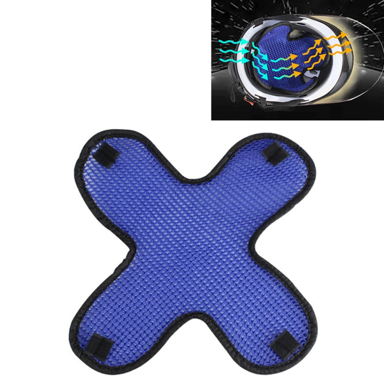 Blue cross-shaped motorcycle helmet honeycomb mesh pad with black Velcro corners