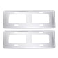 Silver two-piece license plate frame holder brackets, front view with cutout openings