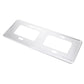 Silver license plate frame holder bracket with rectangular cutouts, angled view