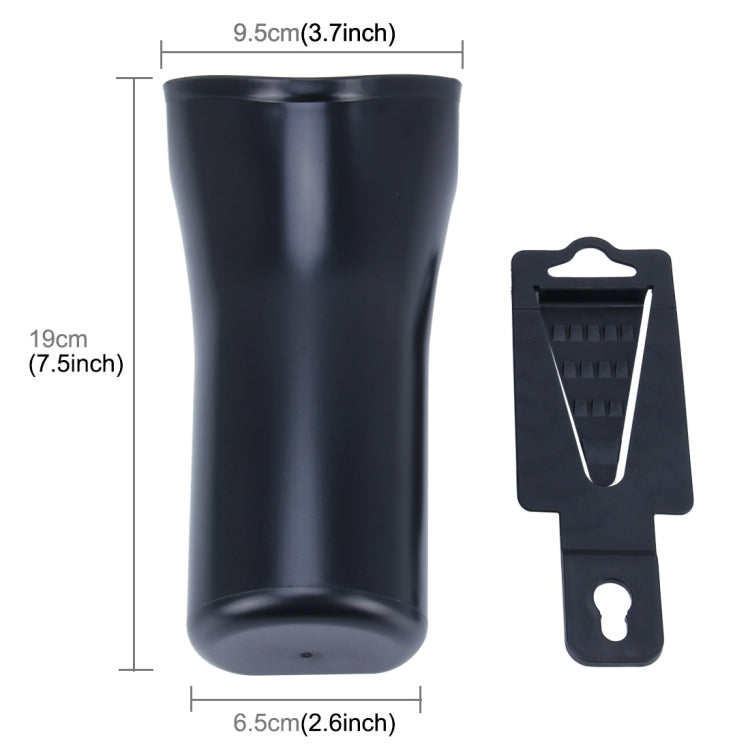 Black umbrella holder with mounting clip, size diagram shown