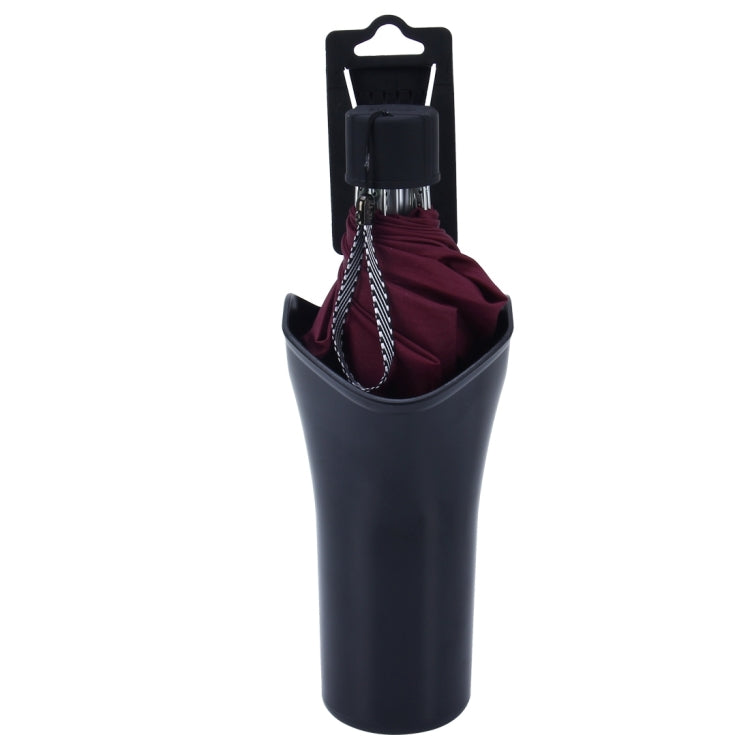 Multi-function umbrella holder, black cup with maroon umbrella stored inside