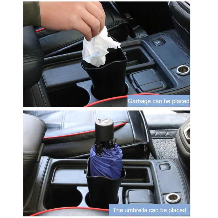 Car umbrella organizer holder showing umbrella can be placed and garbage placement