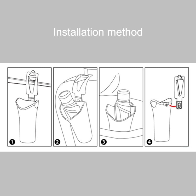 Installation method diagram for car umbrella holder case with clip mounting steps