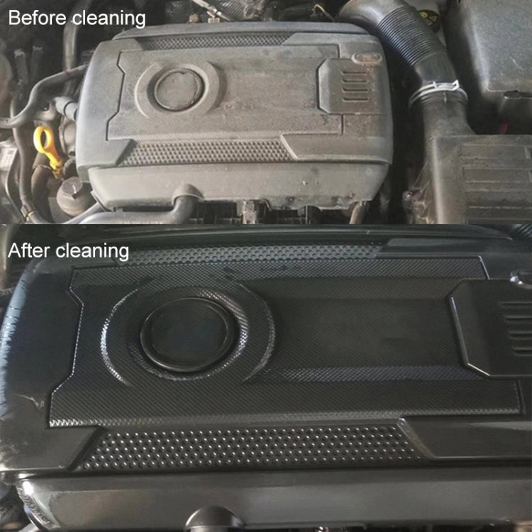Car engine bay before-and-after cleaning with exposed engine cover areas