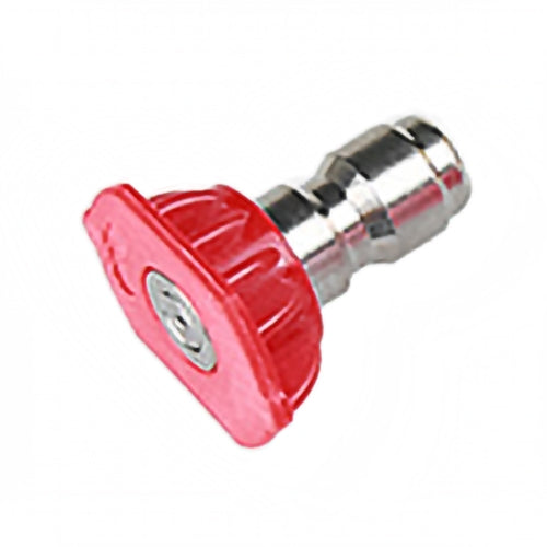 High-pressure car wash jet nozzle with red fan tip and chrome metal connector