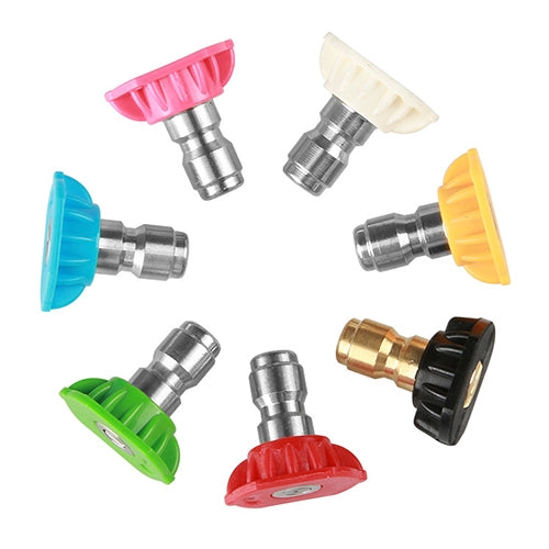 Assorted high-pressure car wash nozzle tips in pink, white, blue, green, red, and gold