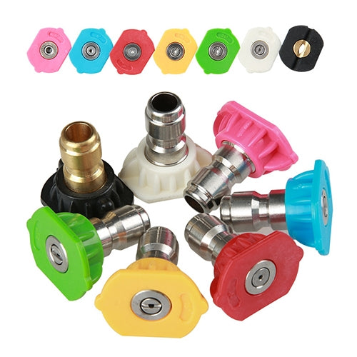 Multiple high-pressure car wash nozzle tips with colored caps and metal connectors