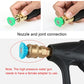 Hand attaches nozzle to a high-pressure car wash gun with blue and green tips