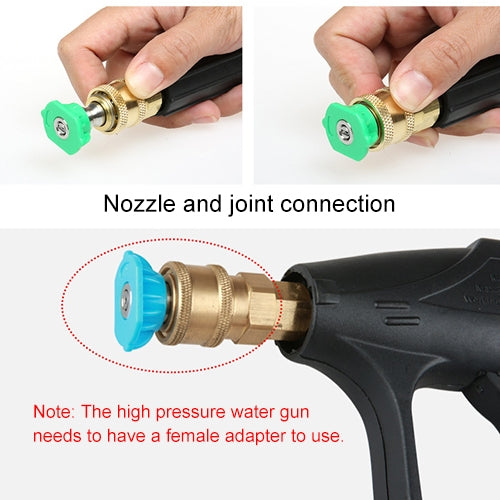 Hand attaches nozzle to a high-pressure car wash gun with blue and green tips