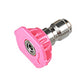 Pink car wash nozzle tip with central outlet and metal hose fitting