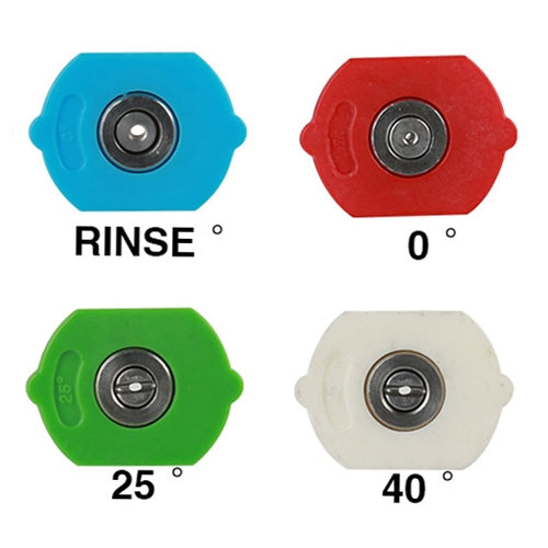 Car wash nozzle tips showing 0°, 25° and 40° rinse spray angles