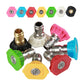 Assorted car wash nozzle tips in multiple colors with metal couplers