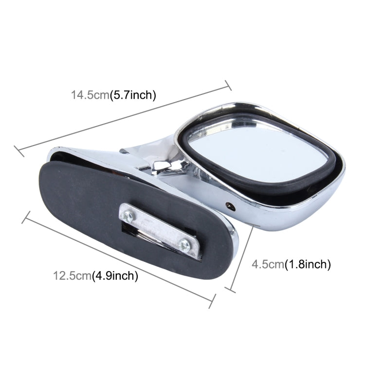 Chrome oval assistant mirror with black base; compact dimensions shown