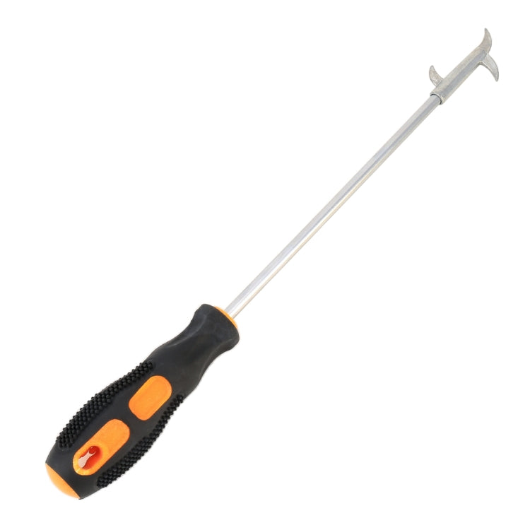Black and orange cleaning hook with metal shaft and fork end for tire tread