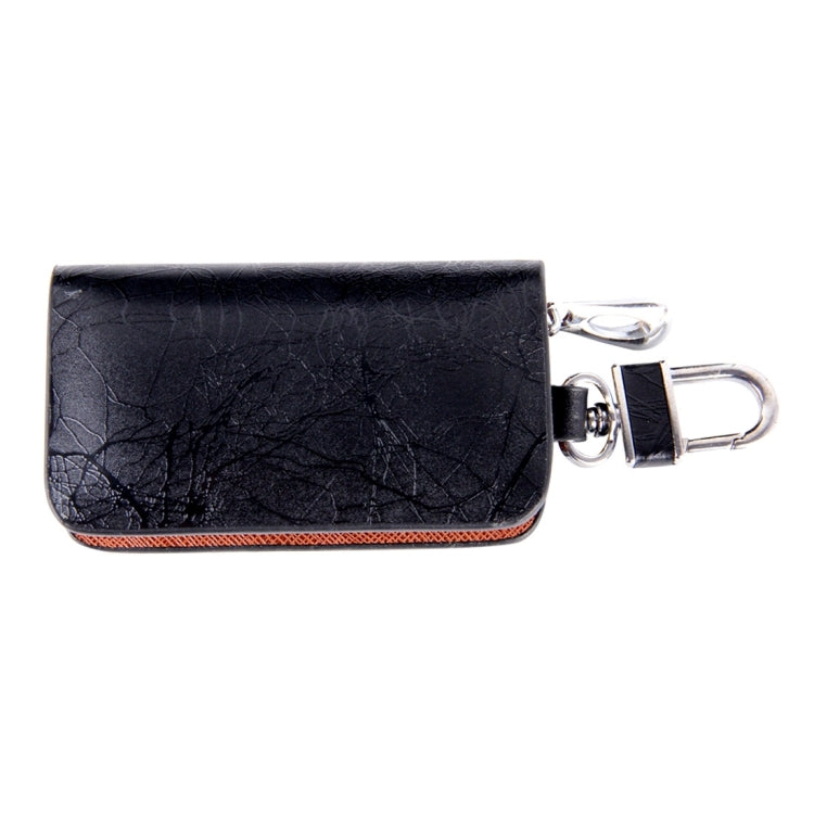 Black leather-texture zipper key wallet with metal key clip, rear view