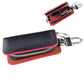 Black leather-texture zipper key wallet with red lining and metal key clip