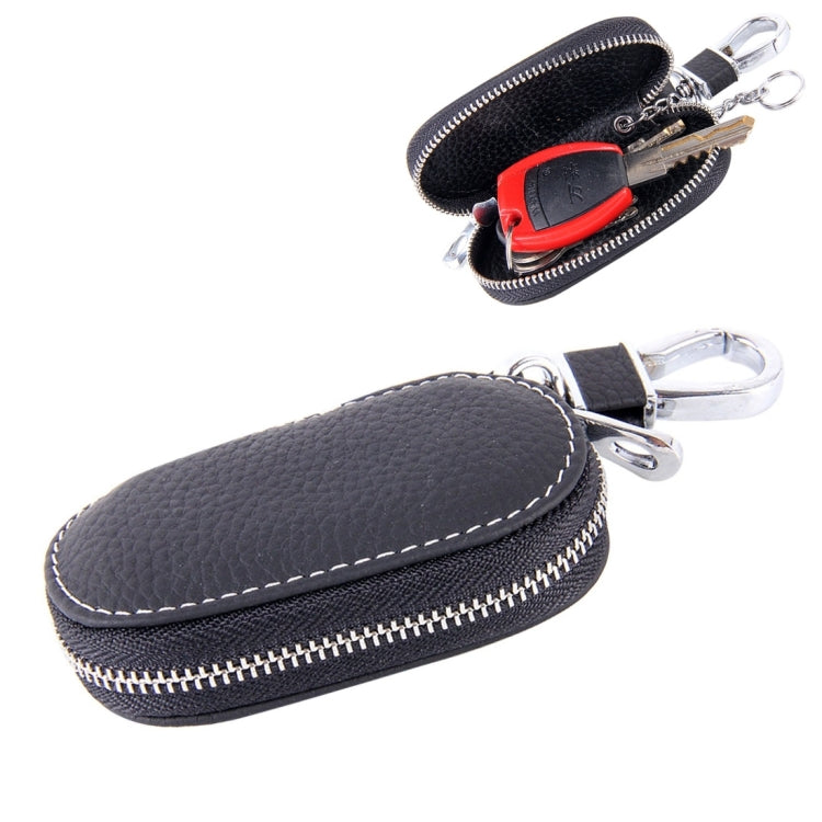 Black leather-look zipper key holder wallet with car key fob and metal keyrings