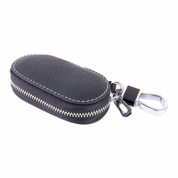Black leather-look oval zip key holder wallet with stitched edge and keyring clip