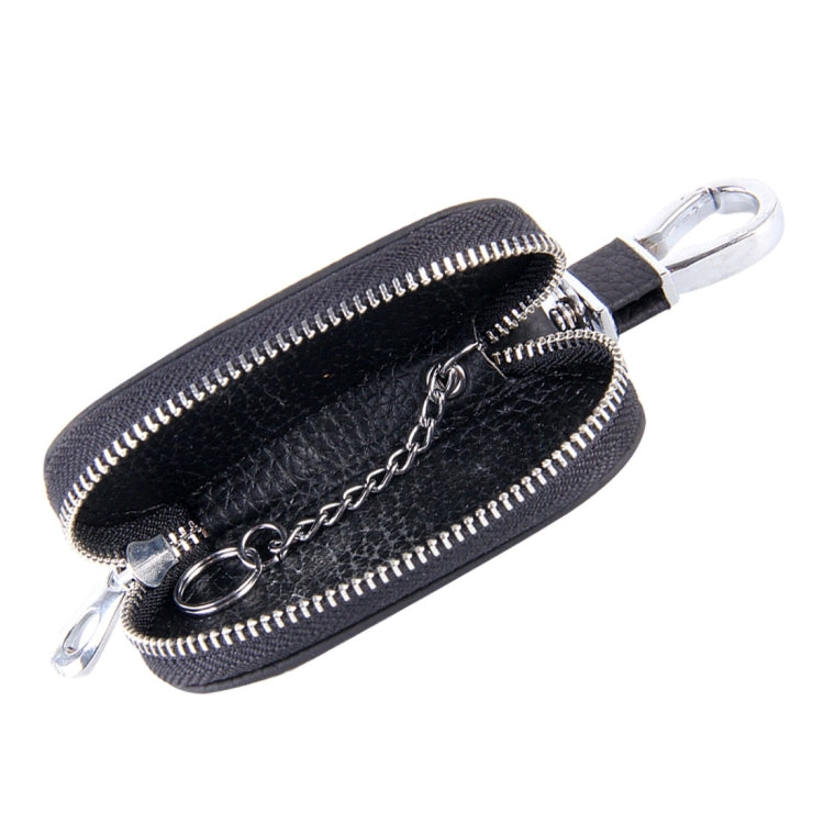 Black leather-look zipper key holder wallet with chain detail and metal keyring clip