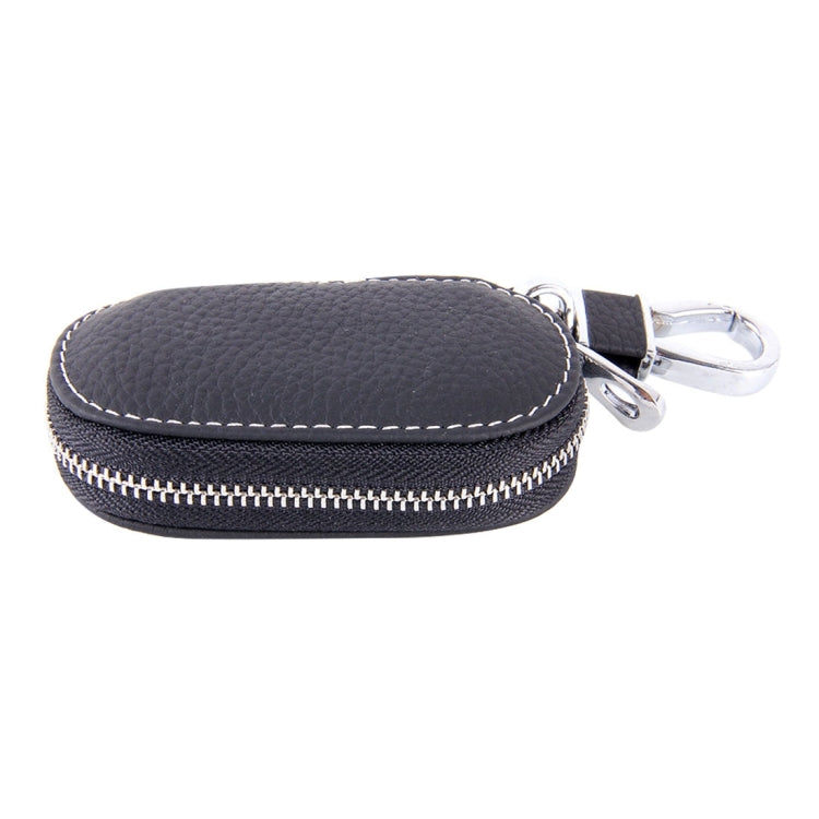 Black leather-look oval zip key holder wallet with double keyrings and stitched trim