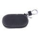 Black leather-look oval zipper key holder wallet with metal keyring clip and stitching