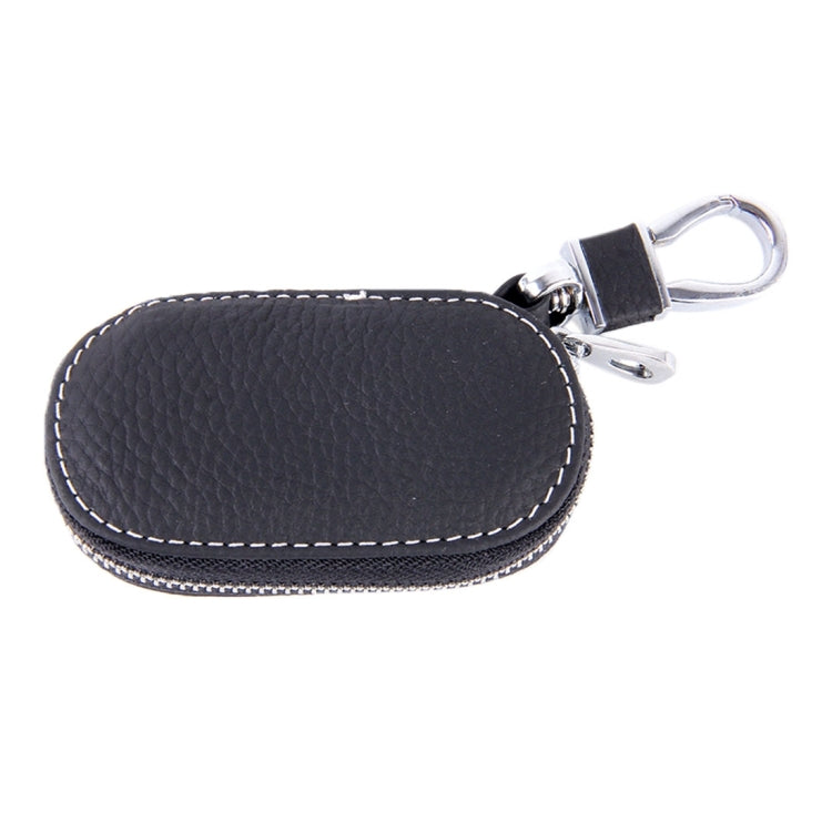 Black leather-look oval zipper key holder wallet with metal keyring clip and stitching