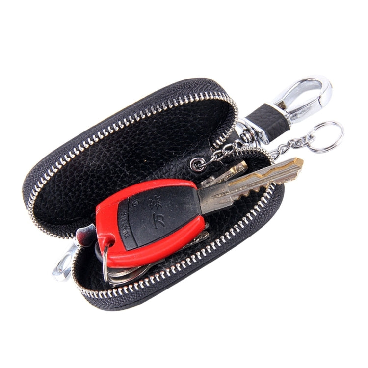 Black leather-look zipper key holder wallet with red key fob and metal keyrings