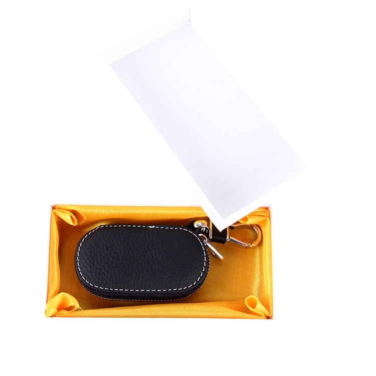 Black leather-look oval zip key holder wallet in box with metal keyring clip