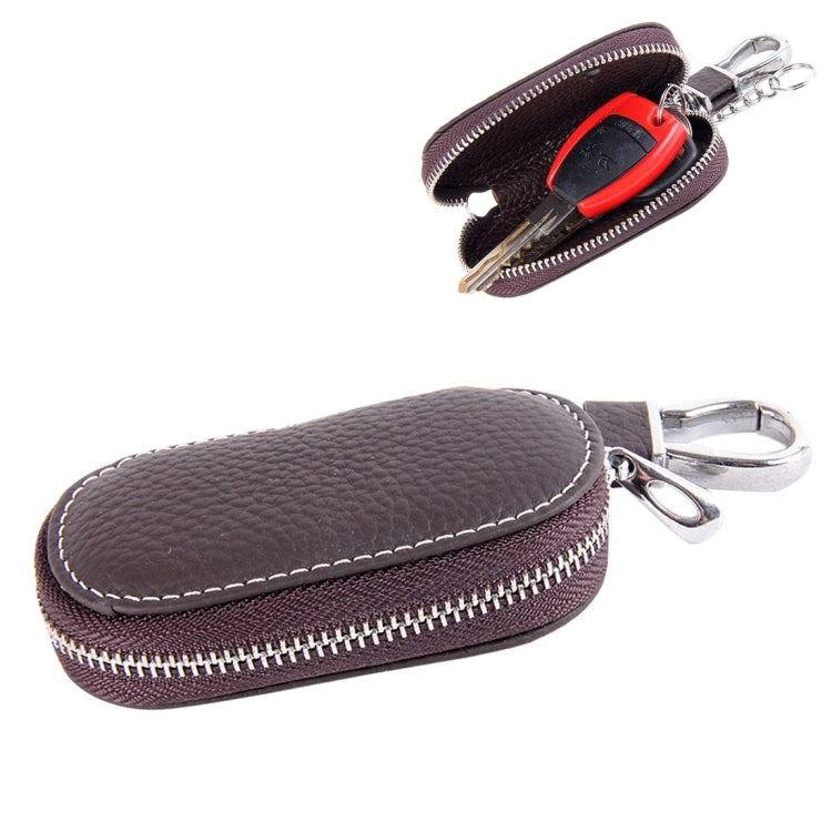 Brown leather-look oval zip key holder wallet with metal keyring clip and stitched trim