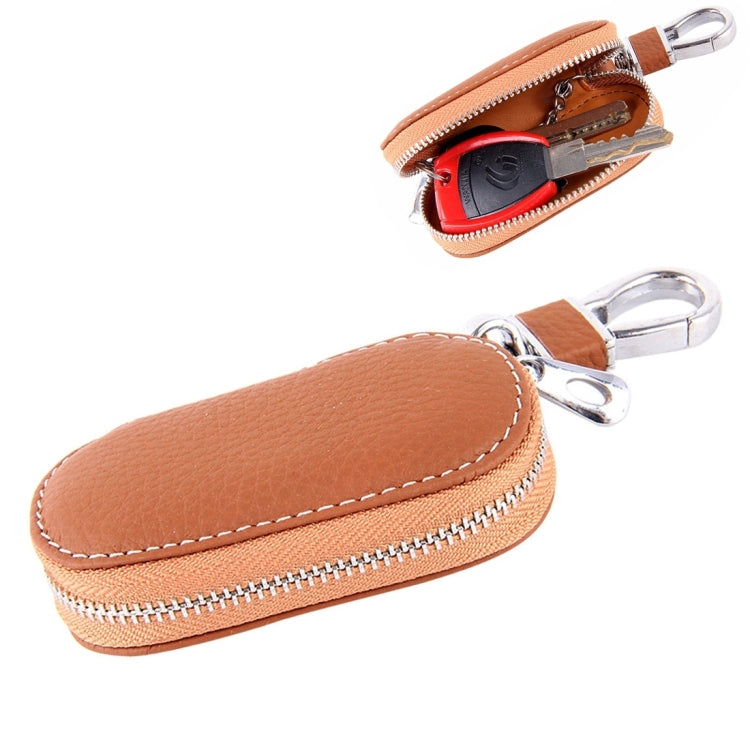 Crocodile-texture leather zipper key holder wallet with key rings, tan
