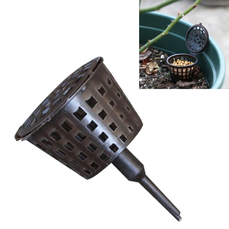 Perforated dark plastic bonsai fertilizer dispenser with snap-on round cover