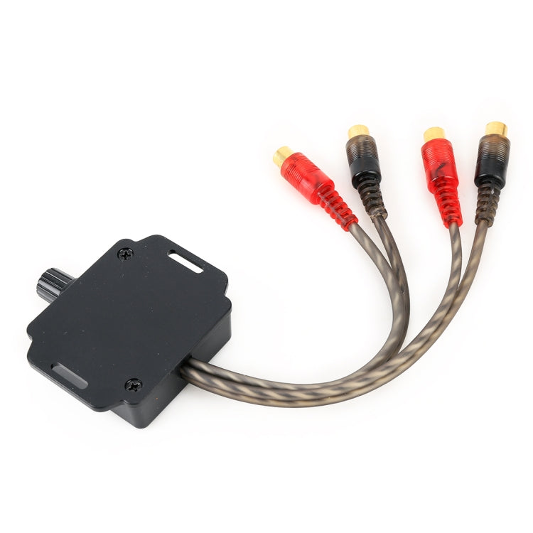Car audio volume control module with mounting plate and red/black RCA audio cables