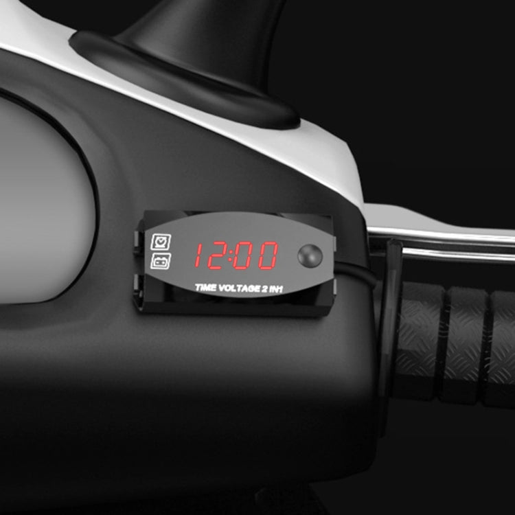 Motorcycle 2-in-1 digital voltmeter and clock, red LED digits on black housing