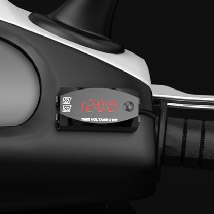 Motorcycle 2-in-1 digital voltmeter and clock, red LED digits on black housing