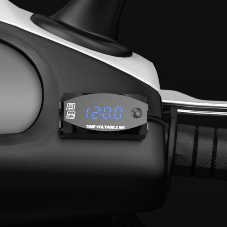 Motorcycle 2-in-1 digital voltmeter and clock, red LED digits on black housing