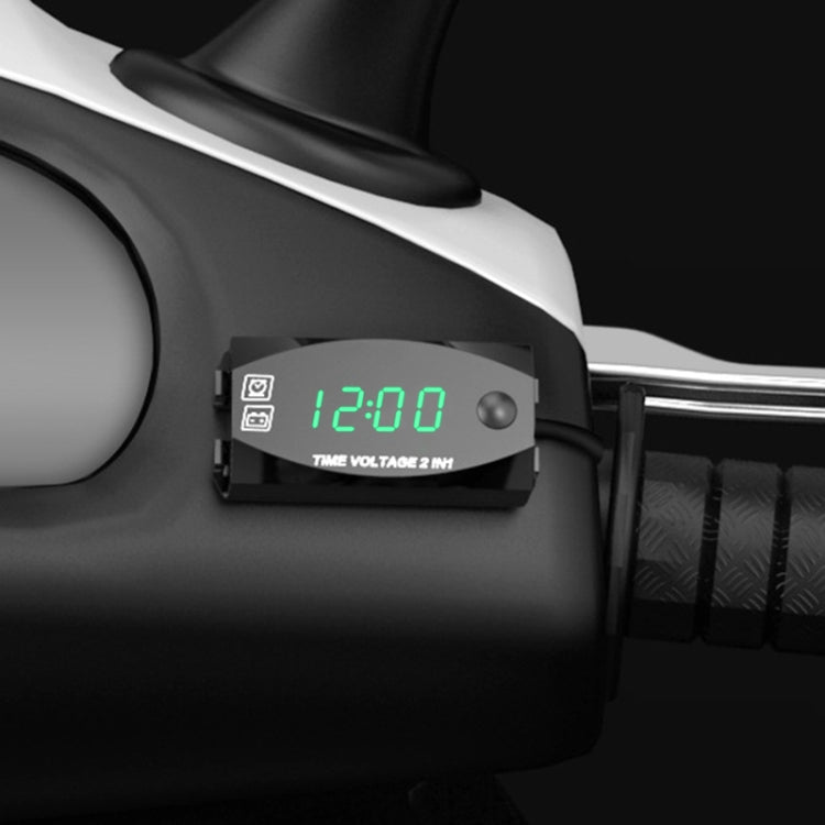 Motorcycle 2-in-1 digital voltmeter and clock, red LED digits on black housing