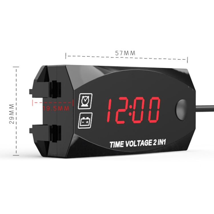 2-in-1 voltmeter and clock module with red LED display, black casing