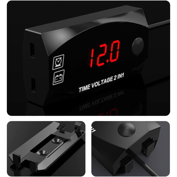 2-in-1 voltmeter and clock digital display with red 12.00 reading, black unit