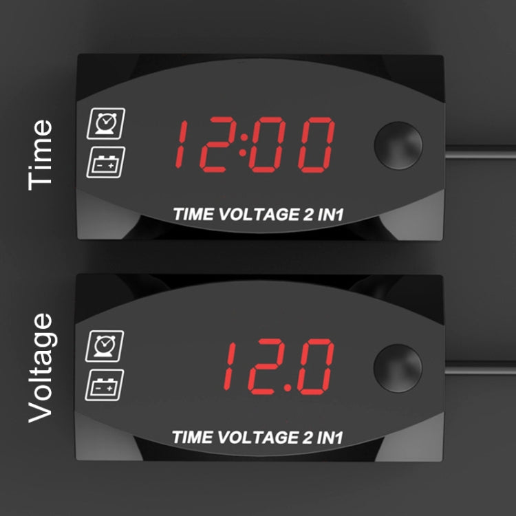 2-in-1 voltmeter and clock display showing 1:00 and 12.0, red LEDs on black