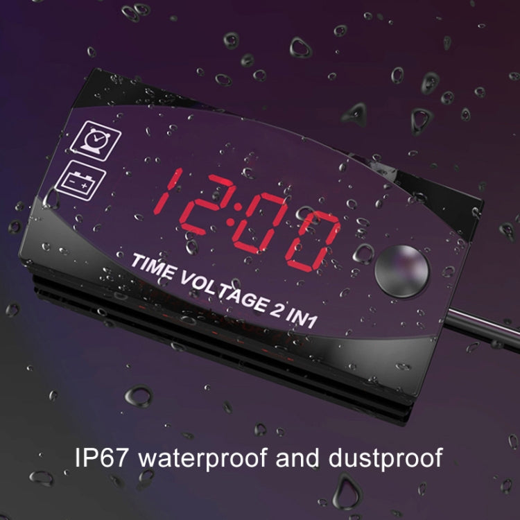 Water-resistant 2-in-1 voltmeter and clock display with red digits, black housing