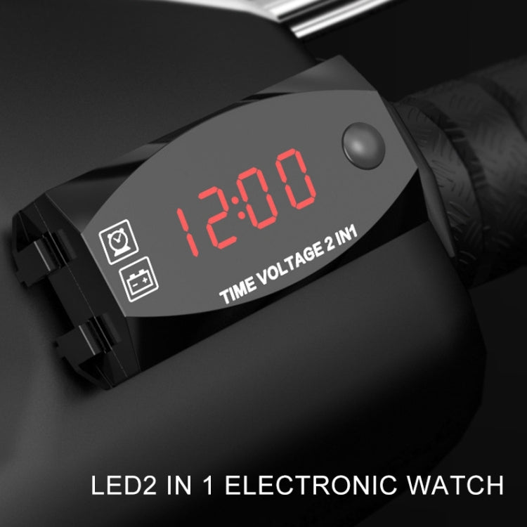 2-in-1 voltmeter and clock display with red 12.00 digits on black housing